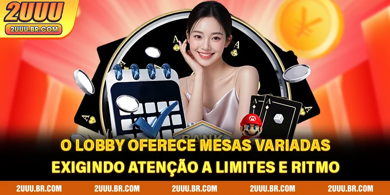 O lobby oferece mesas variadas, exigindo atenção a limites e ritmo
